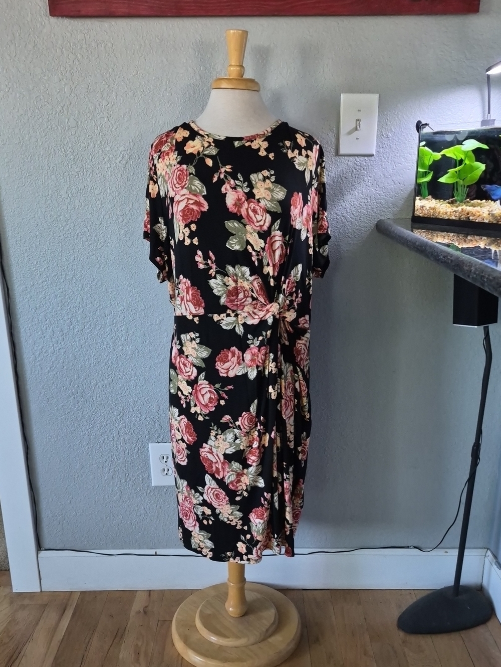 Black Floral Tie-Waist Midi Dress, Rose Print, Maurices 24/7 | Size 2X